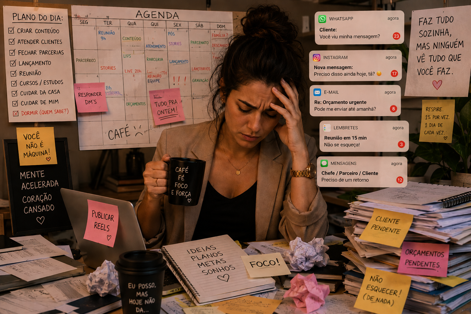 Agenda caótica · empreendedora sobrecarregada