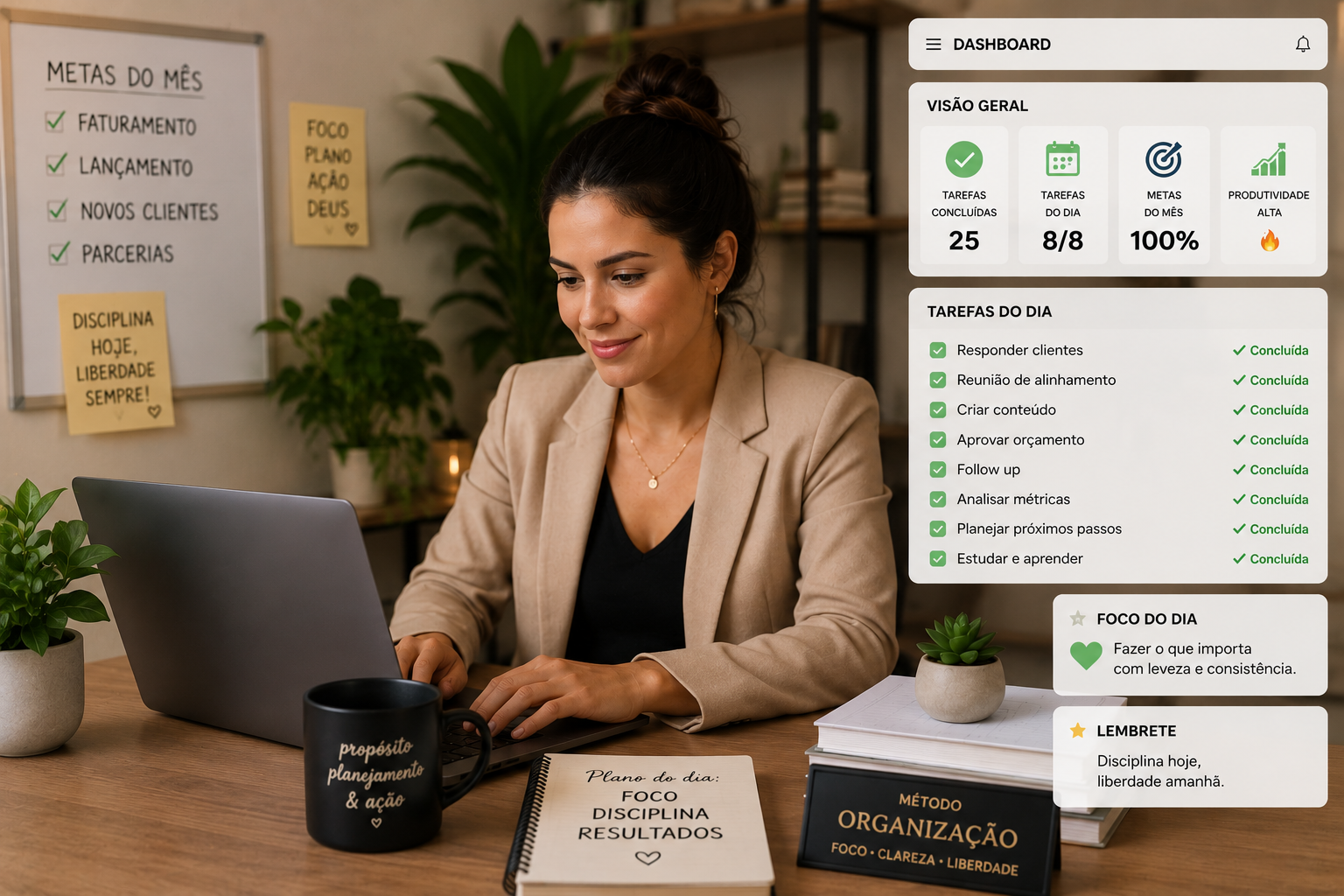 Dashboard organizado · empreendedora tranquila